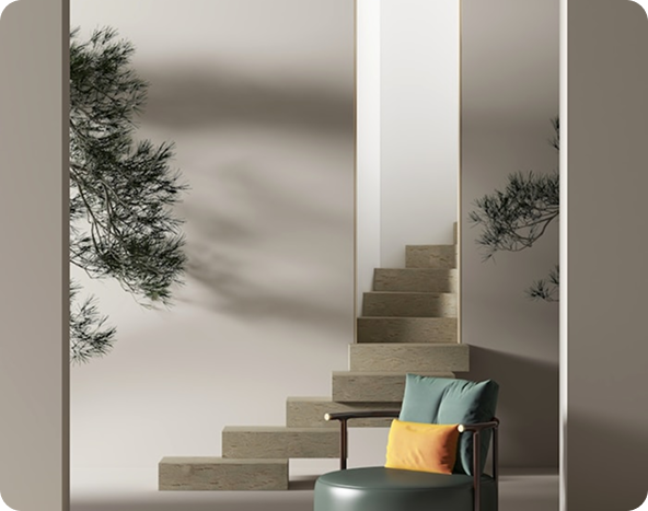 Minimalist staircase with a green chair